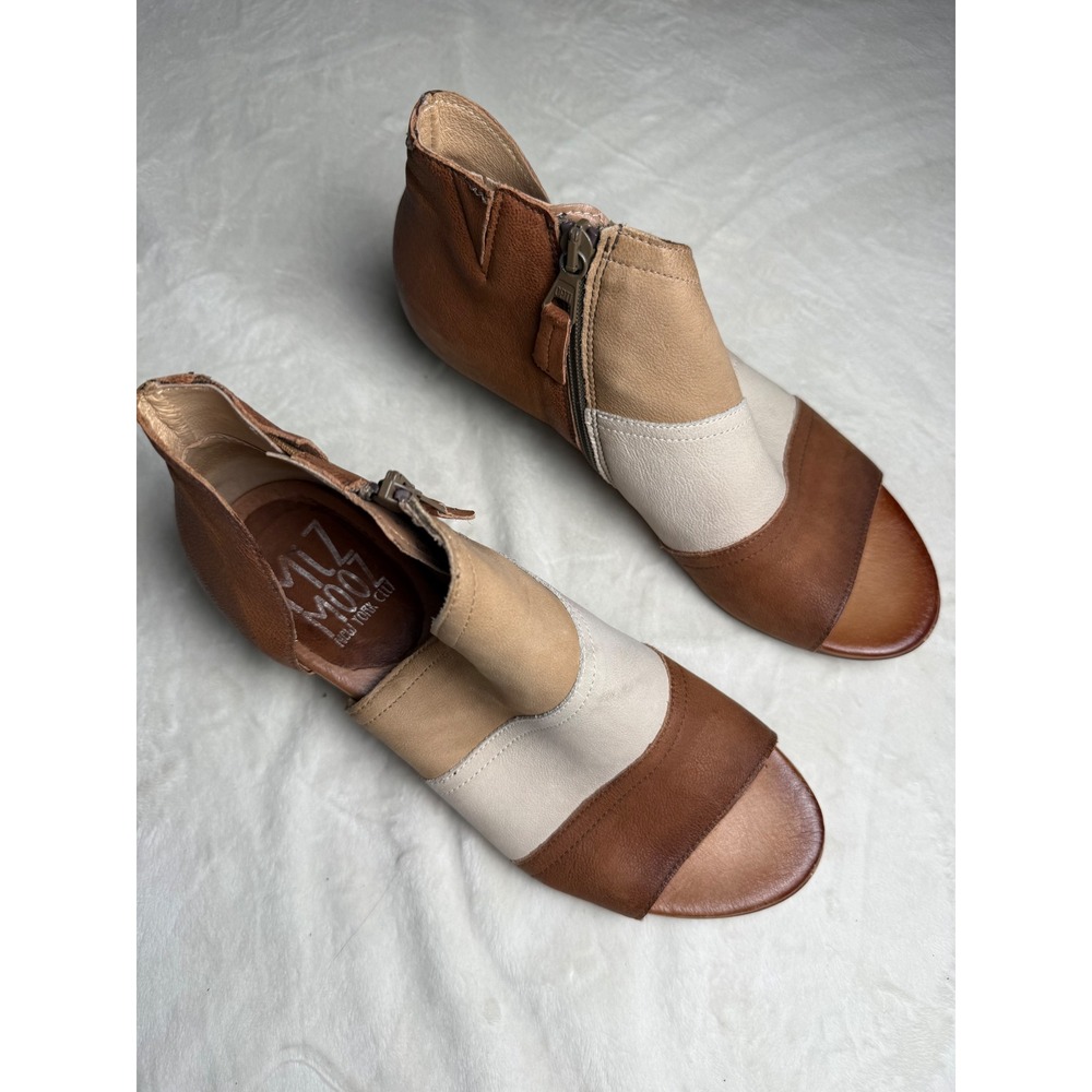 Miz Mooz Colorblock Leather Peep Toe Ankle Boots Brown Tan Cream Size 40